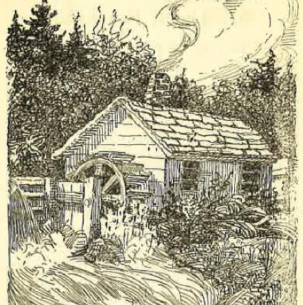 Illustration of a building with a waterwheel in a forest alongside a flowing river