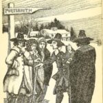 Illustration of a group of 5 people in 17th century garb standing in the snow by a sign reading “Portsmouth”.