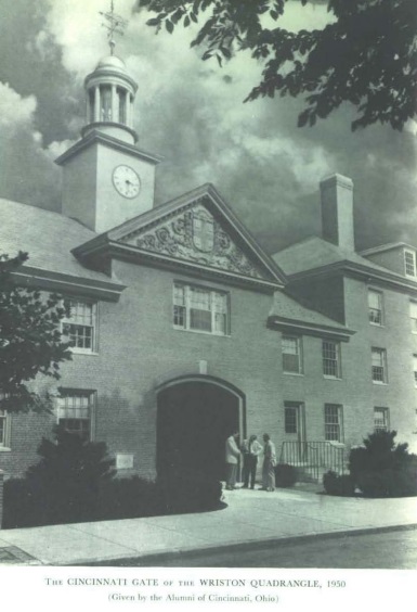 Photo of the Cincinnati Gate of the Wriston Quadrangle of Brown University, 1950.