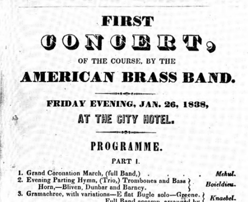 Broadside advertising the first concert of the Band with the program.