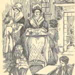 Illustration of women and children sitting by the fire in late 18th century clothing