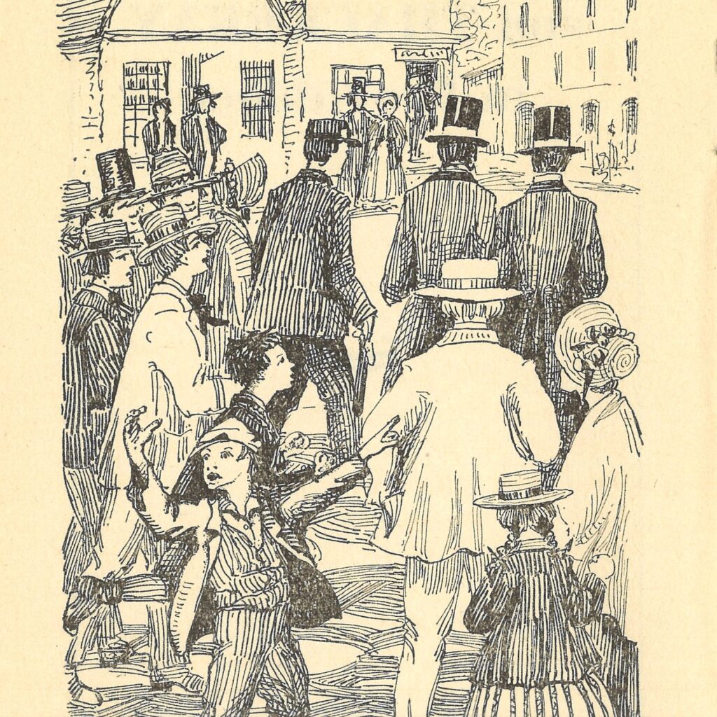 Illustration of a crowd in 19th century clothing.