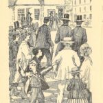 Illustration of a crowd in 19th century clothing.