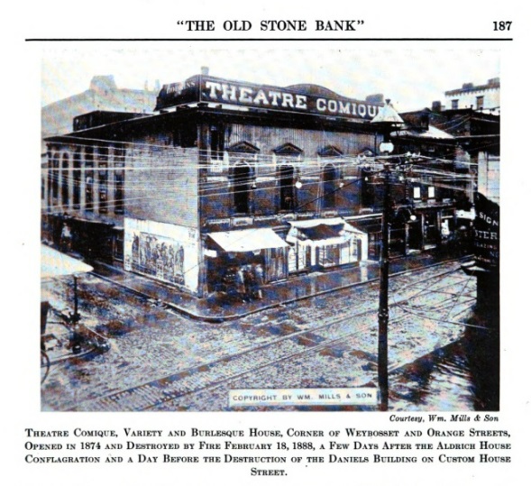 Photo of Theater Comique, Variety, and Burlesque House. On the corner of Weybosset and Orange Sts. Opened in 1874 and destroyed by fire Feb. 18, 1888, a few days after the Aldrich House Conflagration and a day before the Destruction of the Daniels Building on Custom House St.