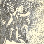 Illustration of 19th century Brown University students burning things on the wall.