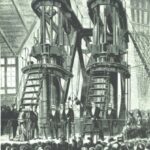 Etching of George H. Corliss displaying his engine at the Centennial Exhibition in Philadelphia, accompanied by President Grant and Don Pedro II of Brazil.
