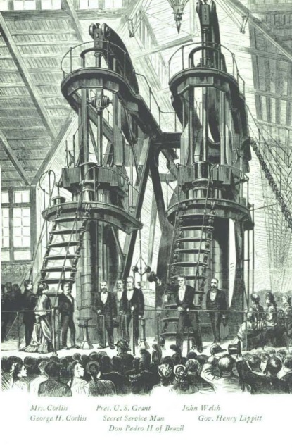 Etching of George H. Corliss displaying his engine at the Centennial Exhibition in Philadelphia, accompanied by President Grant and Don Pedro II of Brazil.