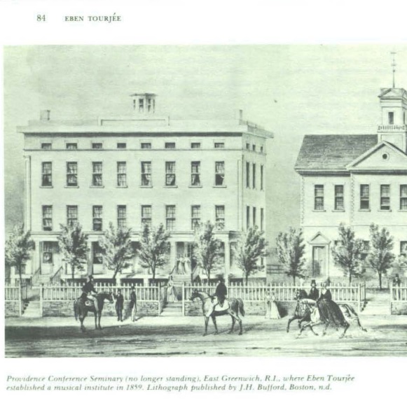 Providence Conference Seminary (no longer standing) East Greenwich R.I., where Eben Tourjee established a musical institute in 1859. Lithograph published by J.H. Bufford.
