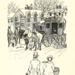 Illustration of a stagecoach stopped outside of a tavern