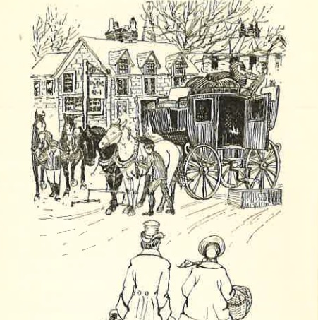 Illustration of a stagecoach stopped outside of a tavern