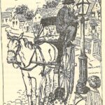 Illustration of a man perched on a carriage wheel lighting a street lamp