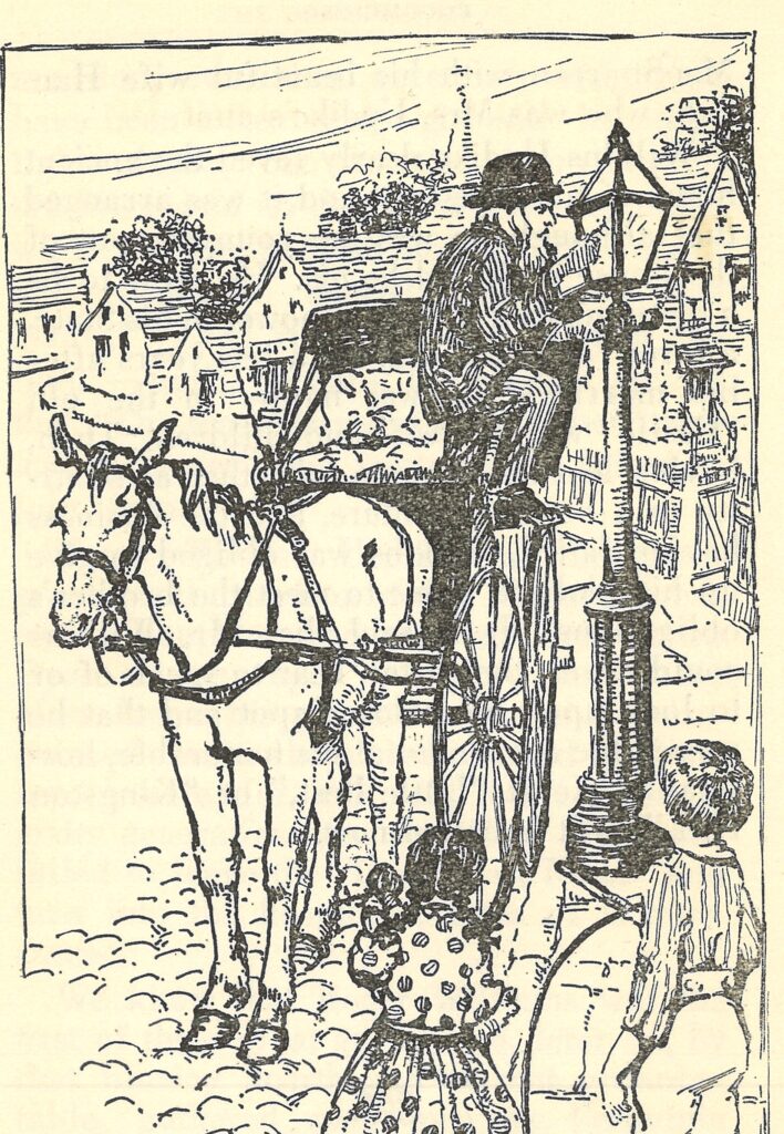 Illustration of a man perched on a carriage wheel lighting a street lamp