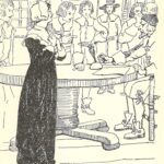 Illustration of a lone woman dressed in black, likely Mary Dyer, with men talking over a table in the background