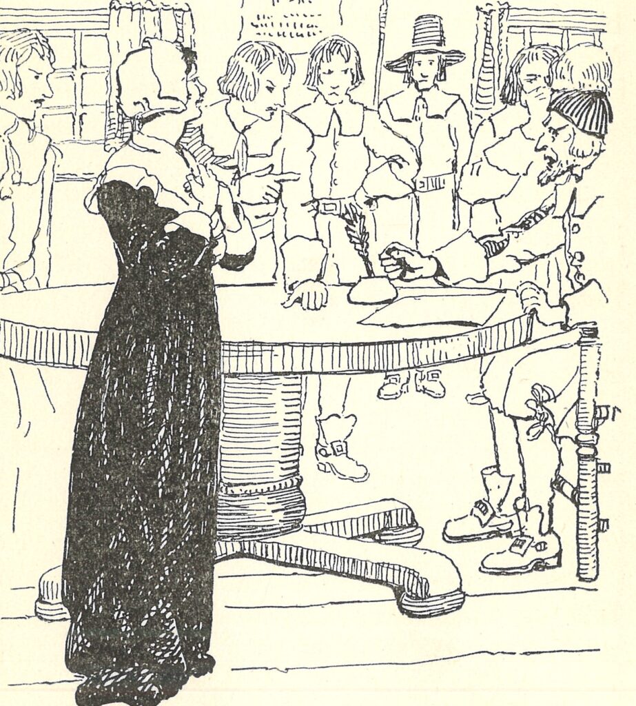 Illustration of a lone woman dressed in black, likely Mary Dyer, with men talking over a table in the background