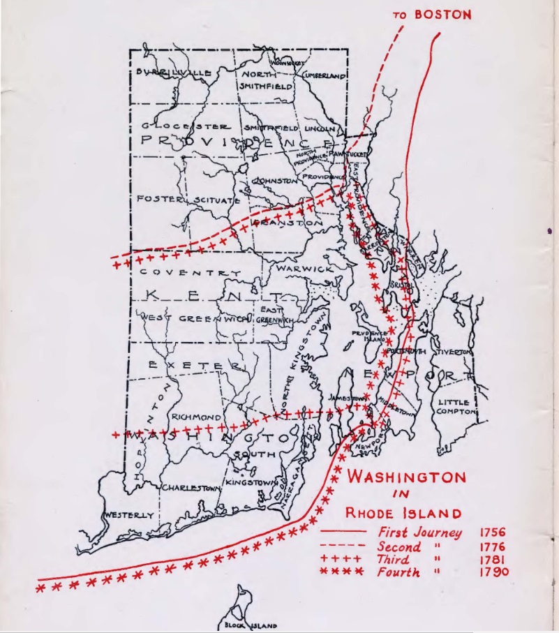 Map of Rhode Island with Washington’s four visits detailed in red