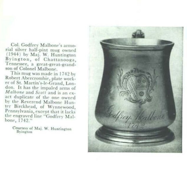 Col. Godfrey Malbone’s armorial silver half-pint mug, made in 1742 by Robert Abercrombie