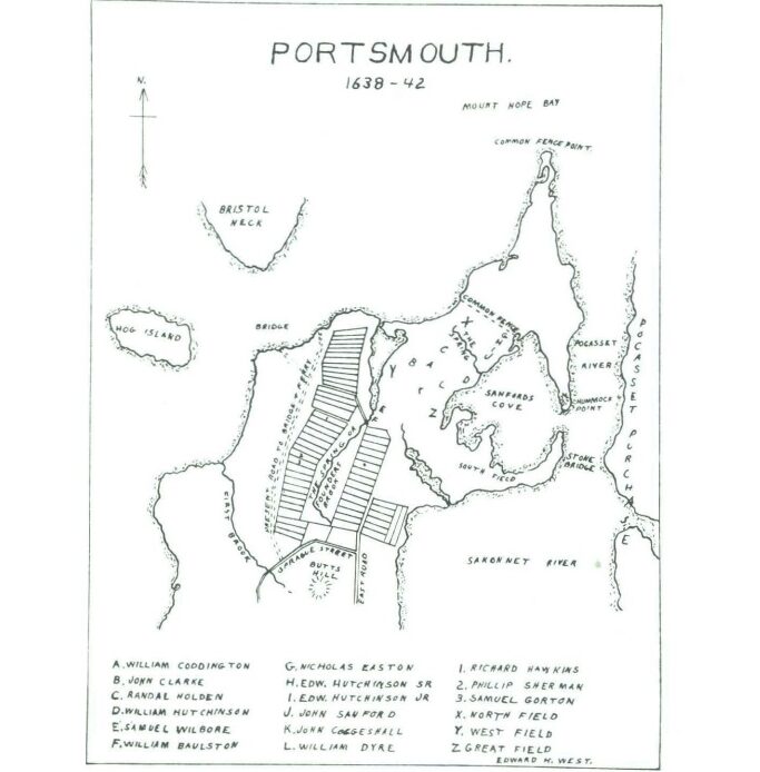 Map of Portsmouth 1638-42 by Edward H. West, 1939.