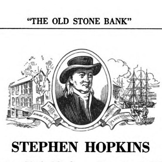 Illustration depicting a portrait of Stephen Hopkins, flanked by his house and a ship at port.