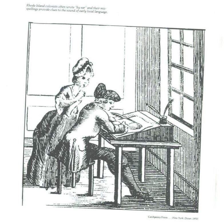 Print of an 18th cen. man writing at a desk, a woman hovering over him.