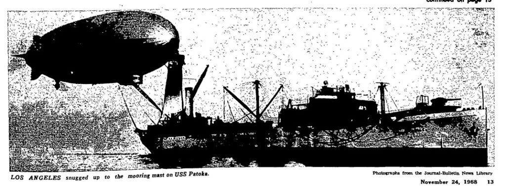 Screenshot of a photo of the blimp Los Angeles snugged up to the mooring mast on the USS Patoka