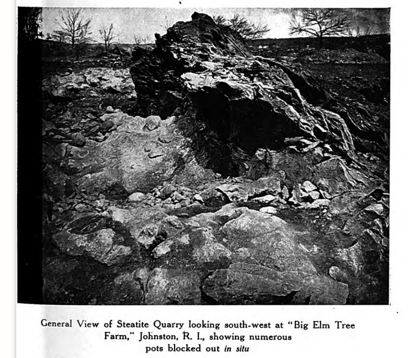 General view of Steatite Quarry looking southwest at "Big Elm Tree Farm", Johnston, RI. Showing numerous pots blocked out in situ.