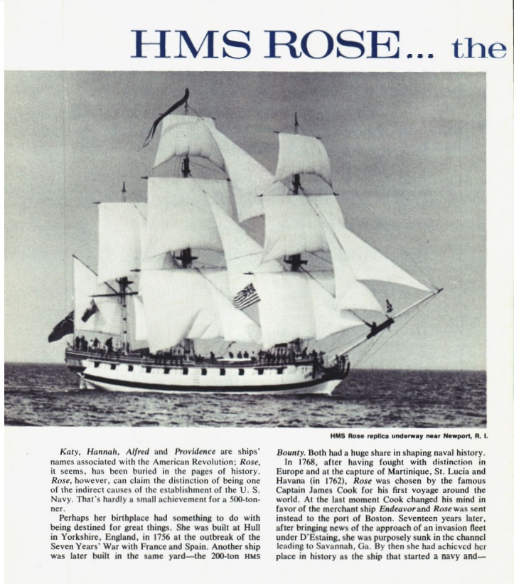 First page of the article, featuring a painting of the HMS Rose