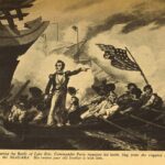 Illustration of the Battle of Lake Erie. Commander Perry transfers hís battle flag from the críppled LAWRENCE to the NIAGARA. His twelve year old brother is with him.