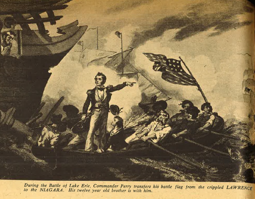 Illustration of the Battle of Lake Erie. Commander Perry transfers hís battle flag from the críppled LAWRENCE to the NIAGARA. His twelve year old brother is with him.