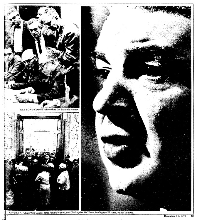 Collage of photos. Top left: The Long Count had Del Sesto the winner. Bottom left: Reporters waited, party faithful waited, and Christopher Del Sesto, leading by 427 votes, waited at home. Right: Face of Christopher Del Sesto