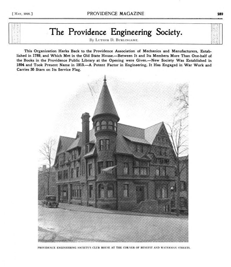 First page of the article featuring a photo of the Providence Engineering Society's club house at the corner of Benefit and Waterman Streets.