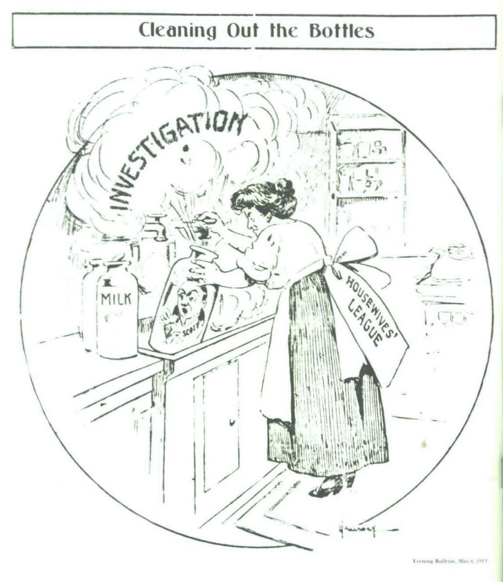 Political cartoon “Cleaning out the Bottles” about the Housewives’ League investigating Walter O. Scott, the Providence city milk inspector.