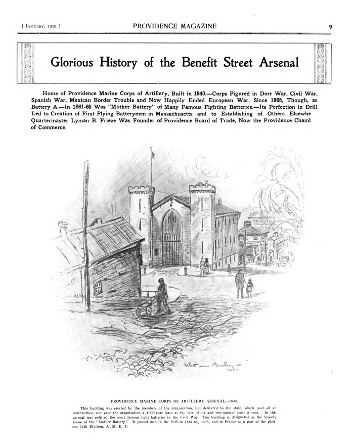 Title of the article and Illustration of Providence Marine Corps of Artillery Arsenal in 1840. It placed men in the field in 1861-65, 1898, and in France as a part of the glorious 26th Division, A.M.E.F.