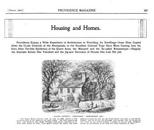 Title of the article and illustration of Roger Mowry's Tavern, demolished in 1900.