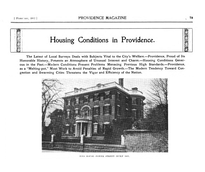 Title of the article and illustration of Ives House on Power St.