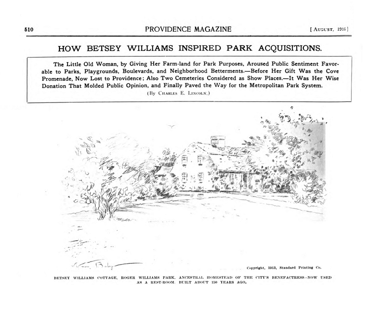 Title of the article and illustration of Betsy Williams Cottage