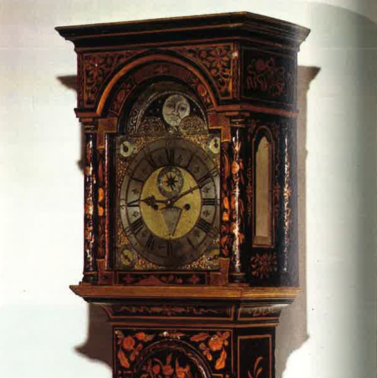 Tall-case clock, probably Boston, c. 1736. Works made by William Claggett around 1736; case decorated by Robert Davis.
