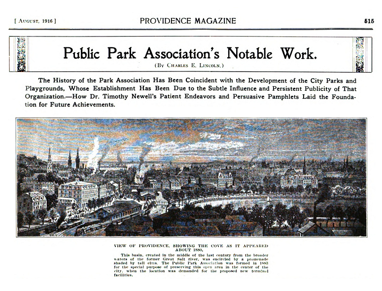 Title of the article and illustration of the view of Providence showing the cove as it appeared about 1880