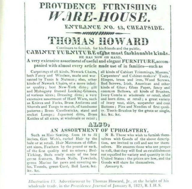 Advertisement by Thomas Howard, Jr. at the height of his wholesale trade, in the PROVIDENCE JOURNAL of Jan. 8, 1823.