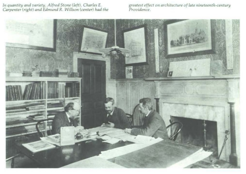 Photograph of Alfred Stone (left), Charles E. Carpenter (right), and Edmund R. Willson (center) discussing over a table.