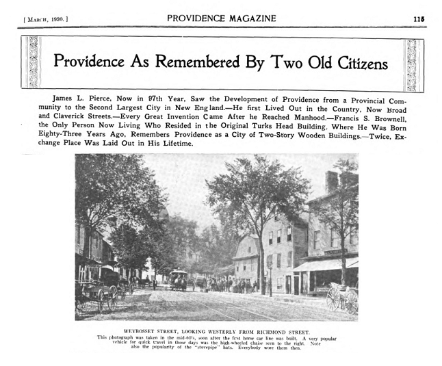 Title of the article and illustration of Weybosset St, looking Westerly from Richmond St.