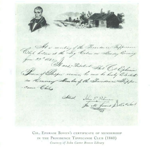 Col. Ephraim Bowen’s Certificate of Membership in the Providence Tippecanoe Club (1840)