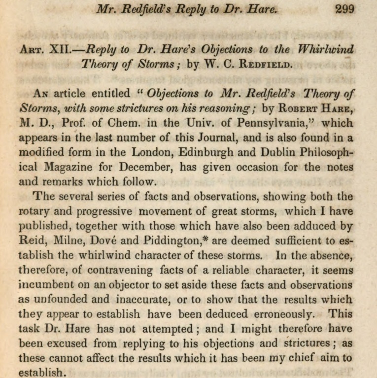 Argument continued under the title "Additional Objections to Redfield's Theory of Storms" in vol. 43 of 1842