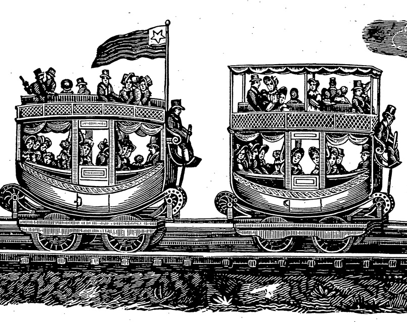 Illustration of 2 coach-style train cars, representing Political Machines