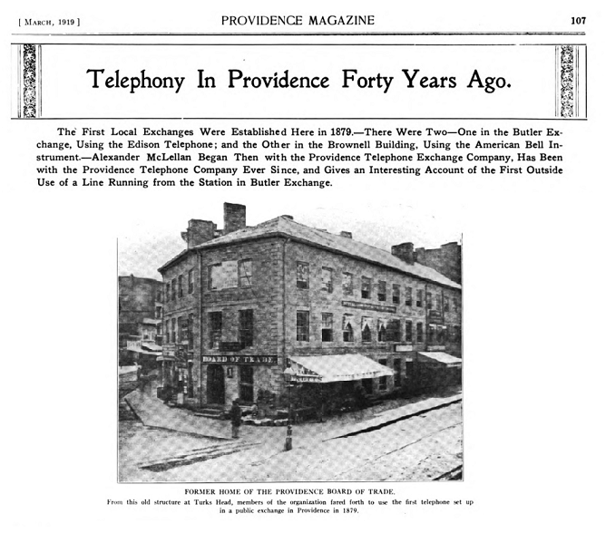 Title of the article and photo of the former home of the Providence Board of Trade