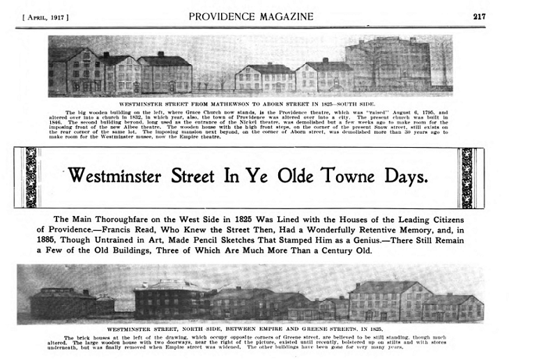 Title of the article and illustration of Westminster St, in 1825- South Side and Westminster St. in 1825- North Side.