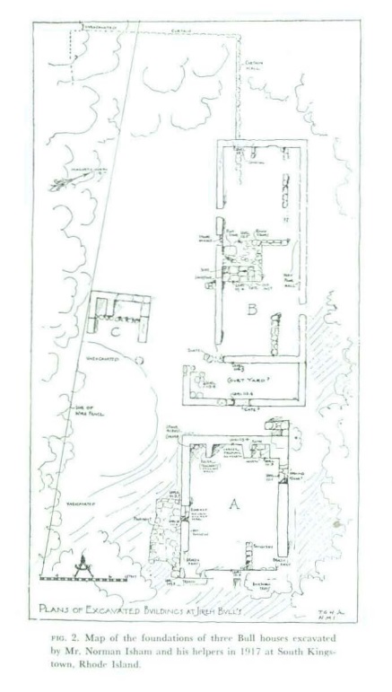 Map of the foundations of three Bull houses excavated by Mr. Norman Isham and his helpers in 1917 at South Kingstown,