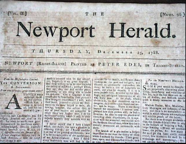 Photo of the front page of the Dec. 25th, 1788 edition of the Newport Herald