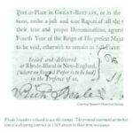 A printed statement at the bottom of a 1765 shipping contract attests to Rhode Island distaste of the Stamp Act.