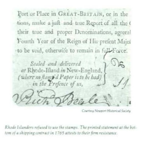 A printed statement at the bottom of a 1765 shipping contract attests to Rhode Island distaste of the Stamp Act.