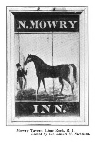 Signboard of the Mowry Tavern in Lime Rock, RI. Features a man and his horse.